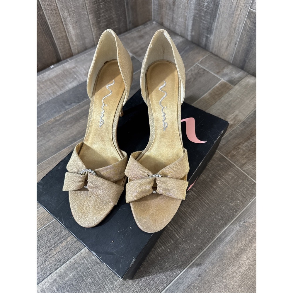 Nina Malila-GS Heels 8.5M Gold Glimmer Bow‎ Open Toe Dress Shoes w/ Box